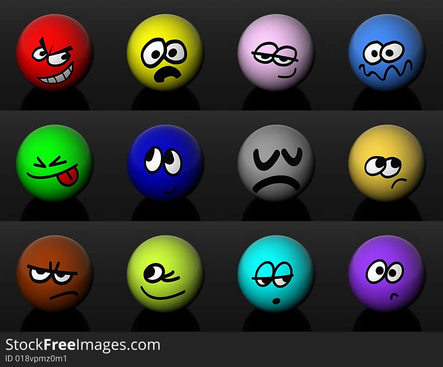 12 different smiles. 3d renders on a black background.