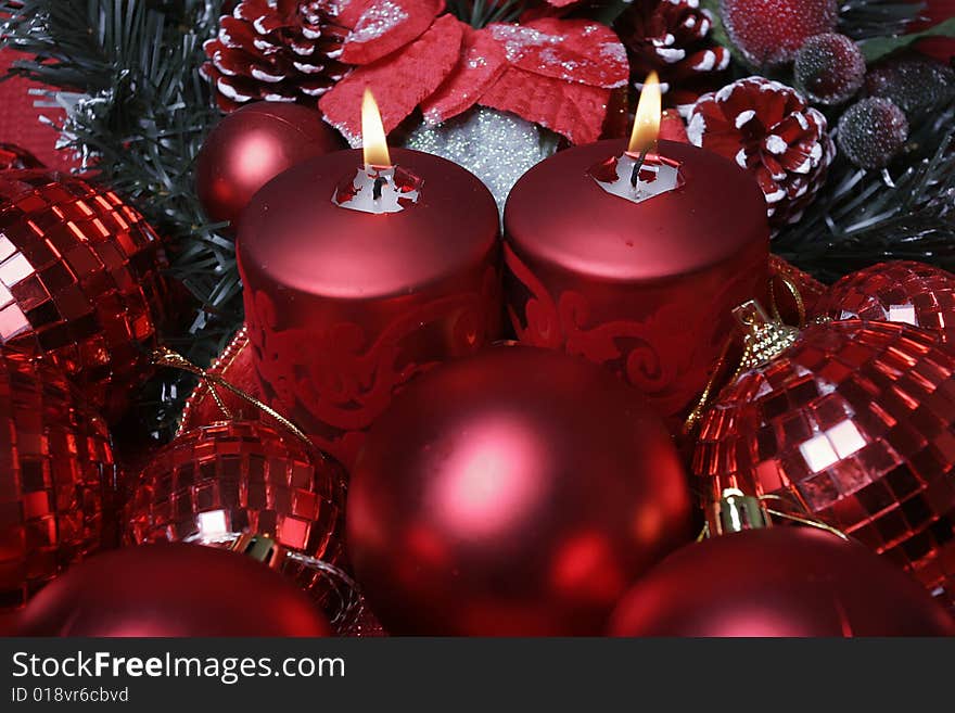 Christmas and new year's candle with red sphere. Christmas and new year's candle with red sphere