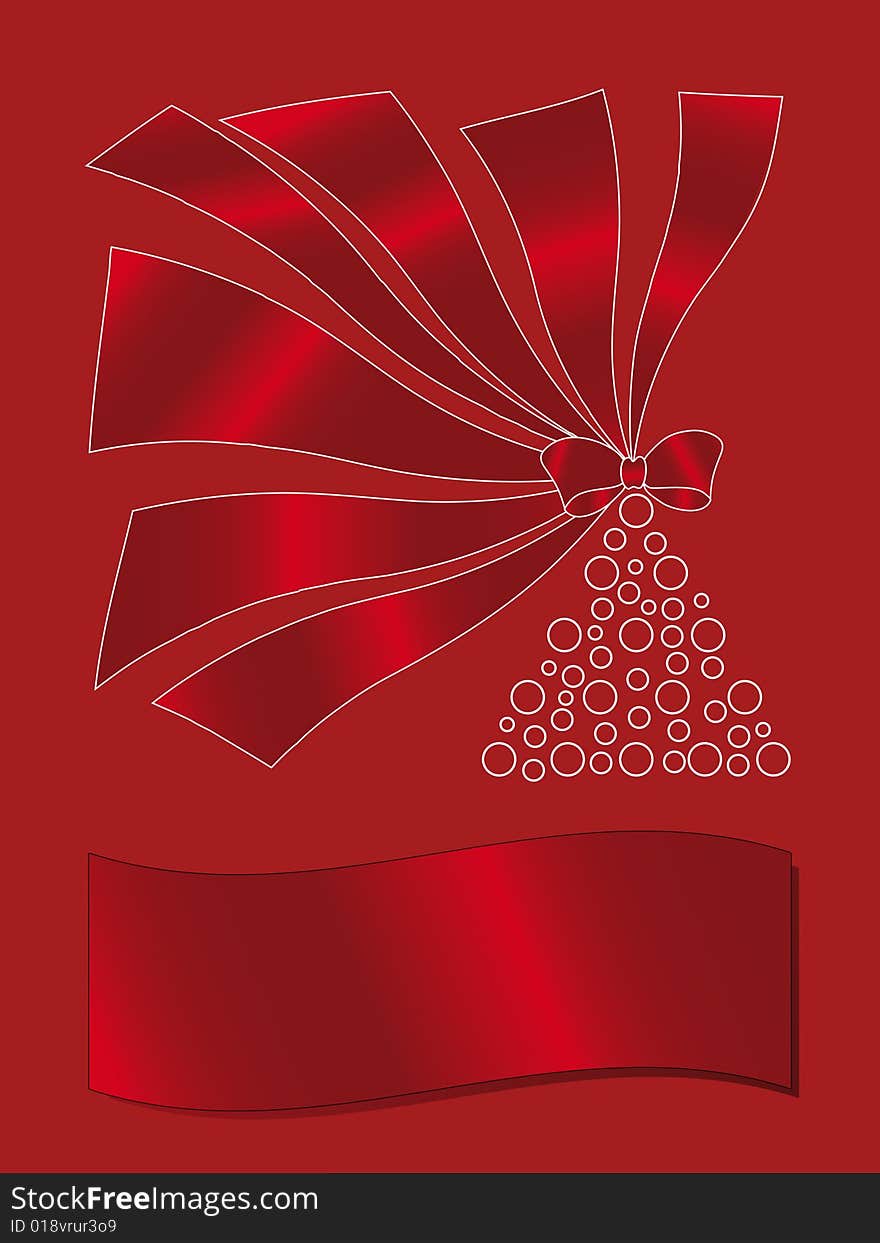 Christmas card on red background with Xmas tree, a wavy sparkling ribbon and space for your text.