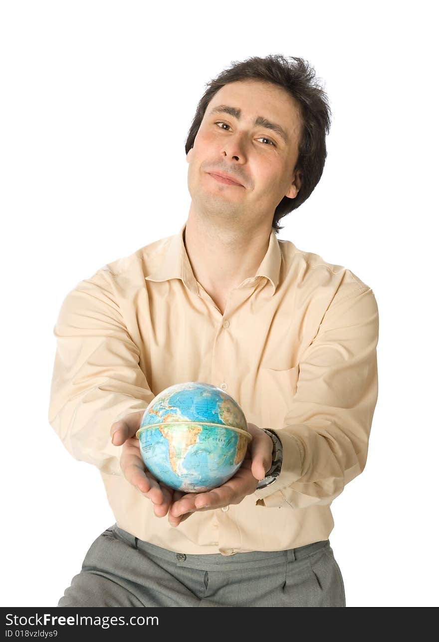 An isolated photo of a smiling man with a globe. An isolated photo of a smiling man with a globe