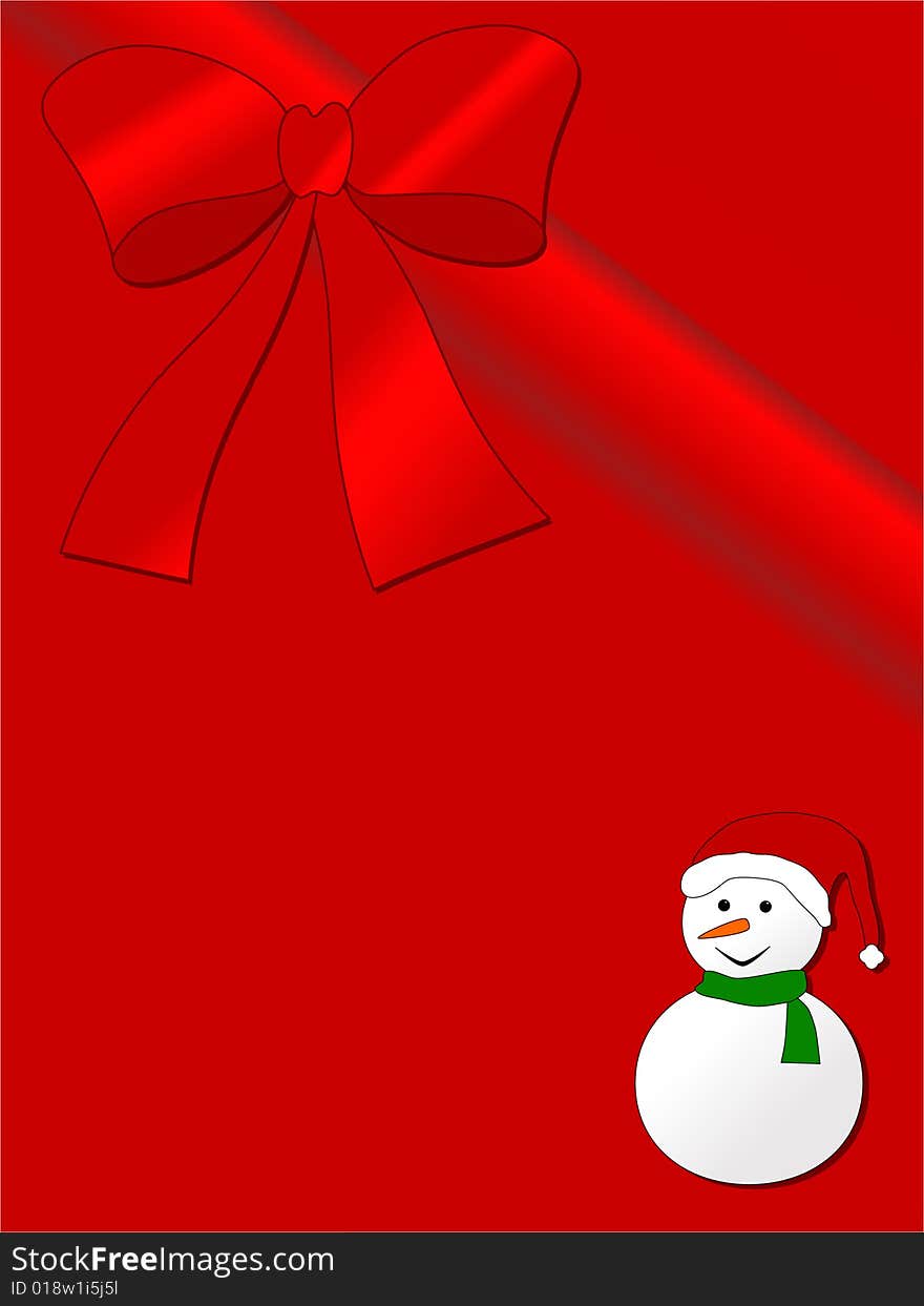 Christmas card on red background with ribbon and snowman. Wide space for your text. Christmas card on red background with ribbon and snowman. Wide space for your text.