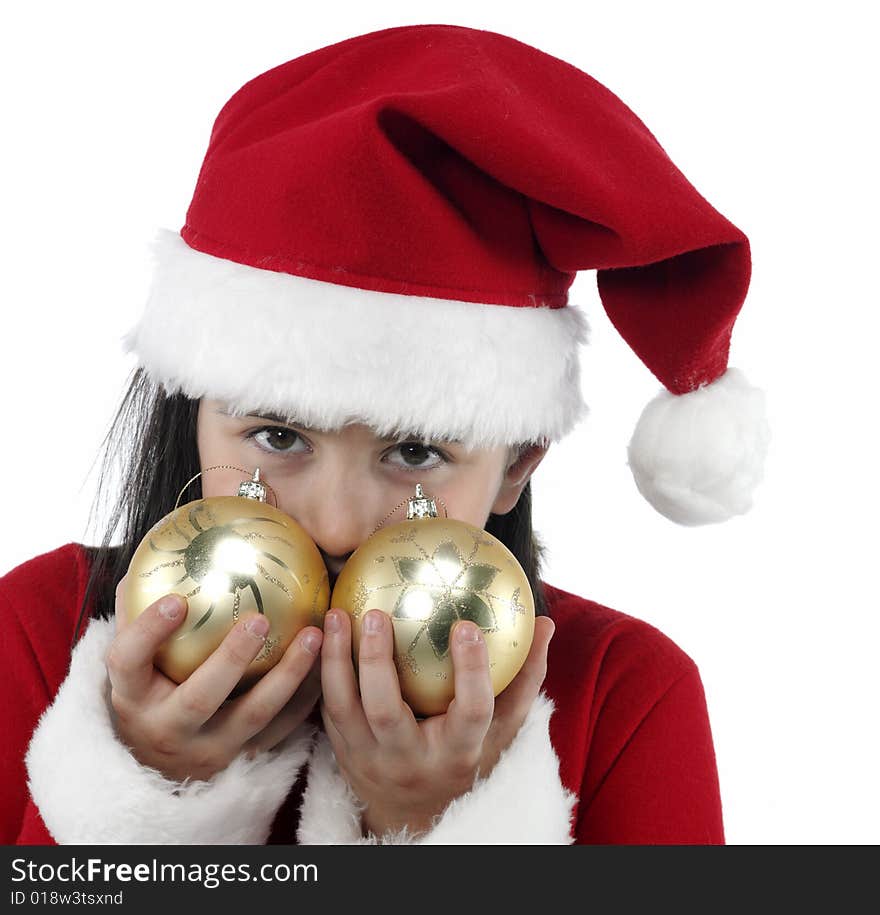 Beautiful little girl playing with christmas decoration. Beautiful little girl playing with christmas decoration