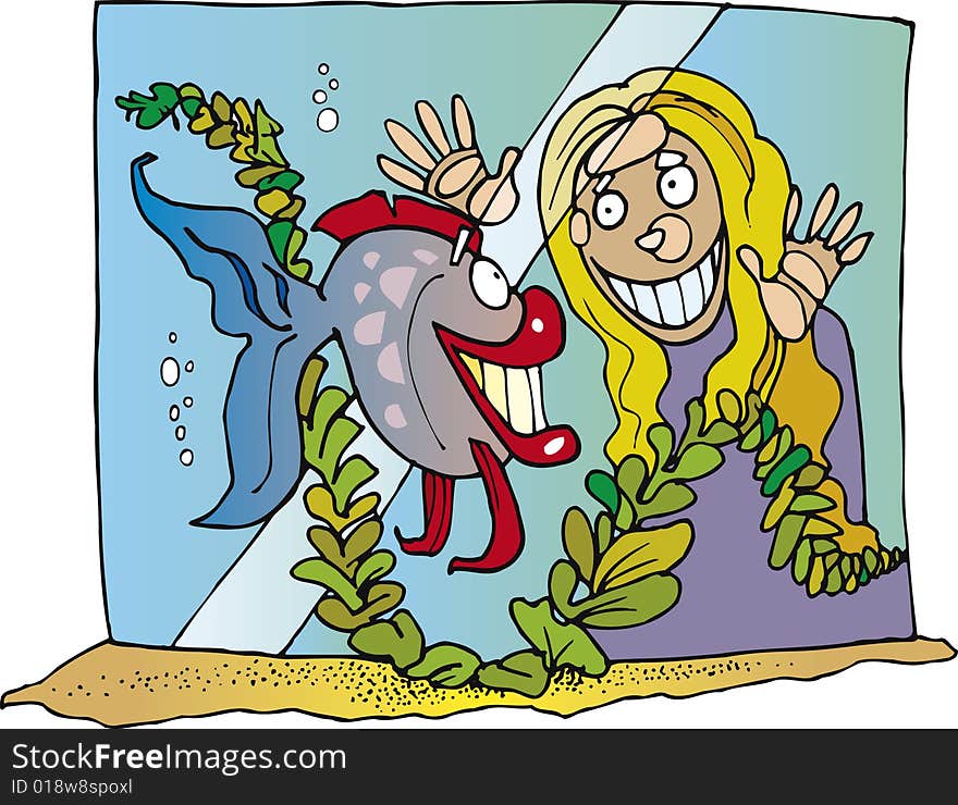 Fish in aquarium and girl