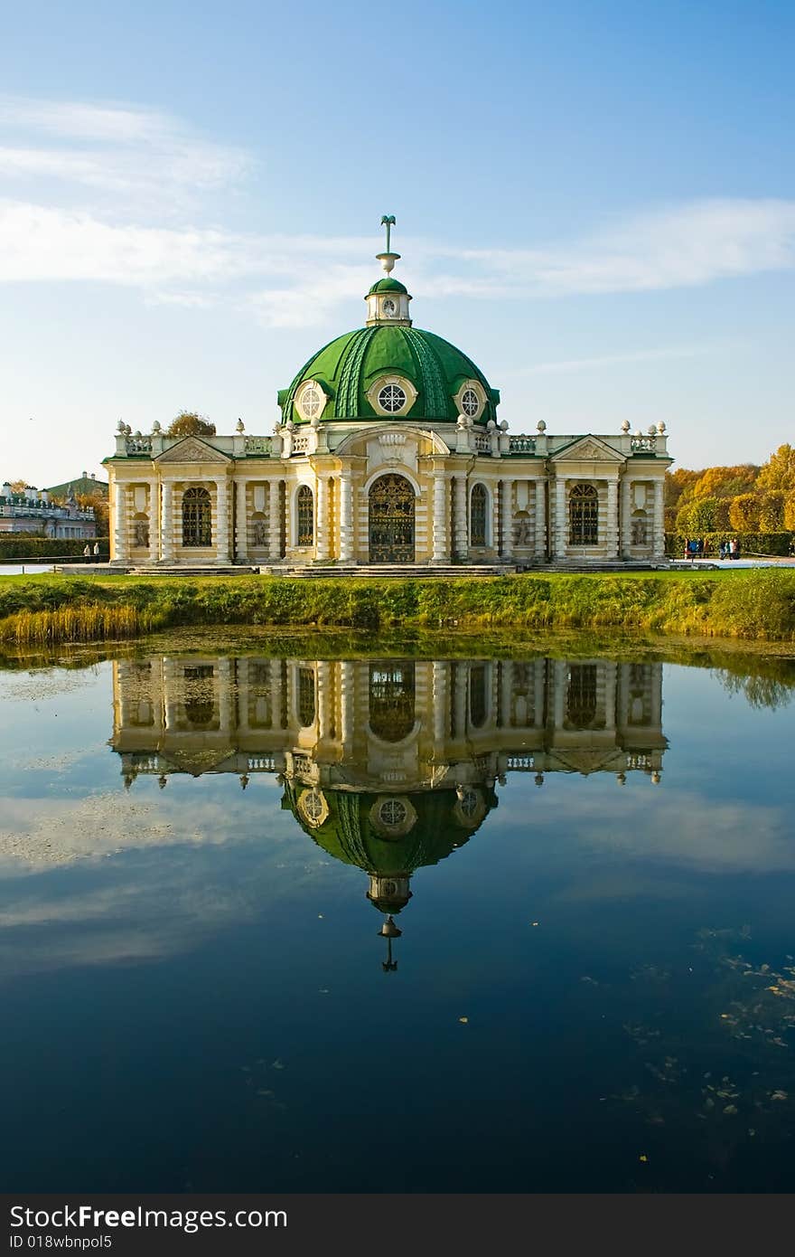 Grotto pavilion with beautiful reflection in park Kuskovo, Moscow, Russia. Grotto pavilion with beautiful reflection in park Kuskovo, Moscow, Russia