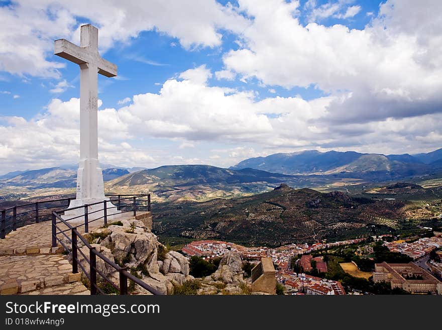 Magnificent panorama of the Cruz del Castillo de Santa Catalina and Jaen town, Andalusia, Spain