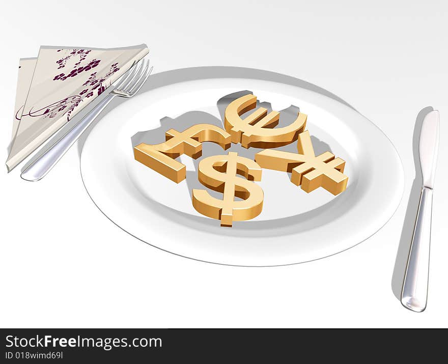 Gold money signs in a dish on breakfast