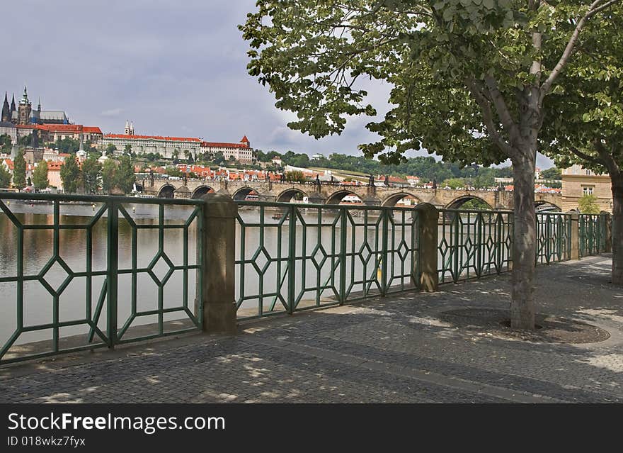 Vista of Prague near the Charles Bridge on the left shore of the Vltava river .