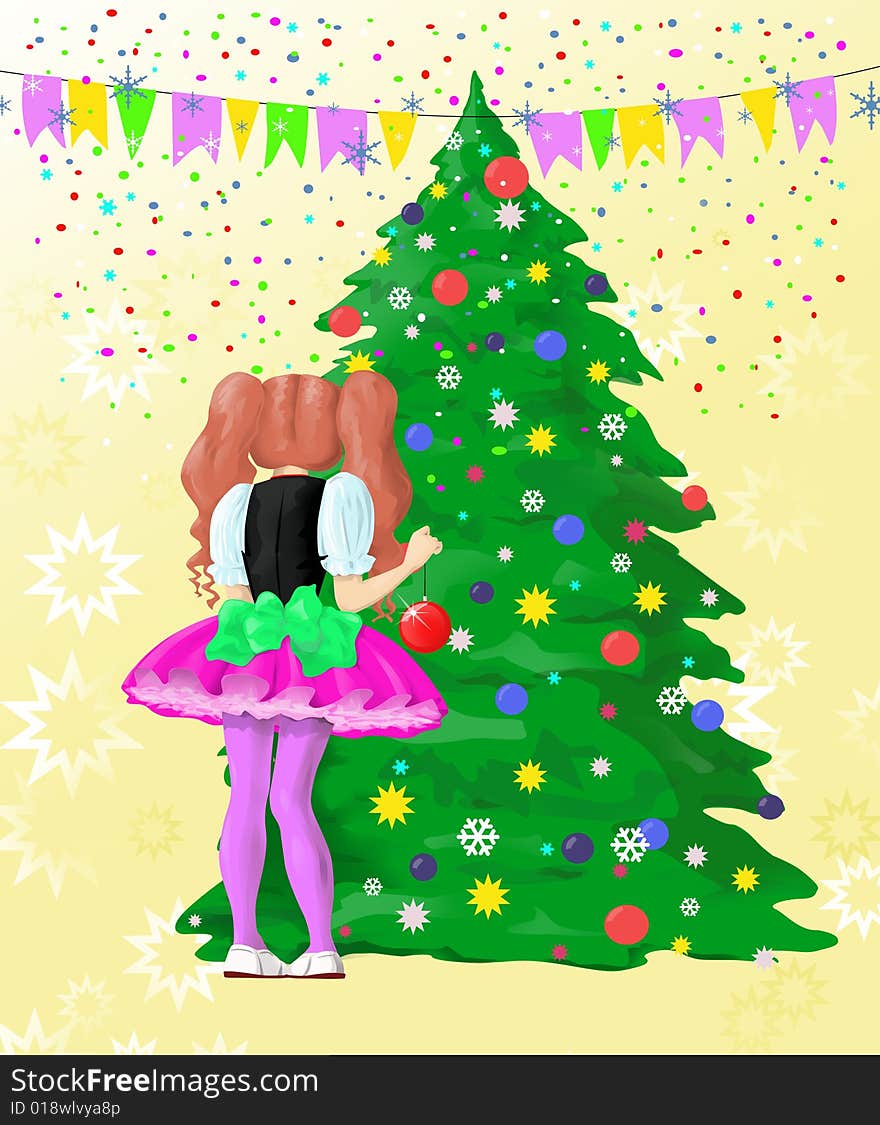 Girl decorating Christmas tree