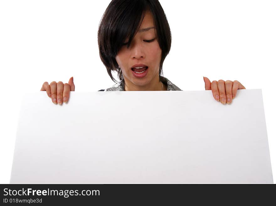 Female holding blank white sign on white background. Female holding blank white sign on white background