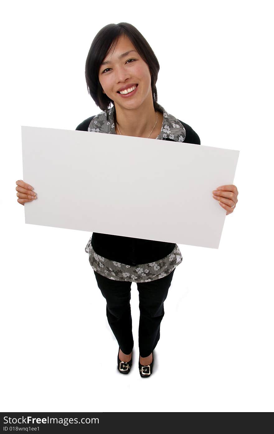 Female holding blank white sign on white background. Female holding blank white sign on white background