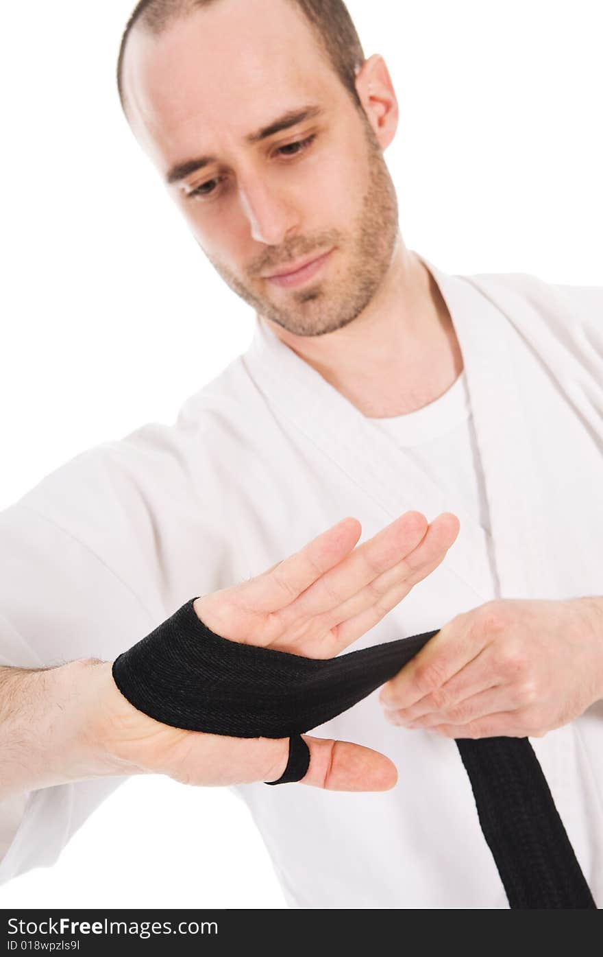 White man doing martial arts on isolated background