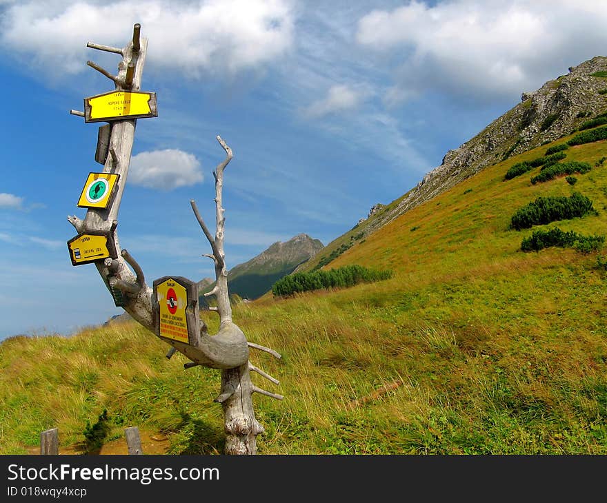 Tourist guidepost in mountains