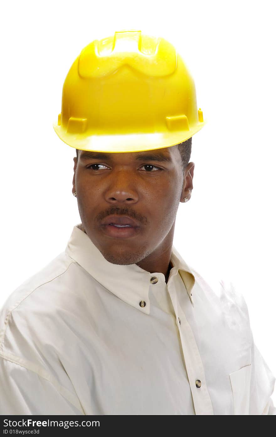 Young African American man in a hard-hat isolated on white. Young African American man in a hard-hat isolated on white