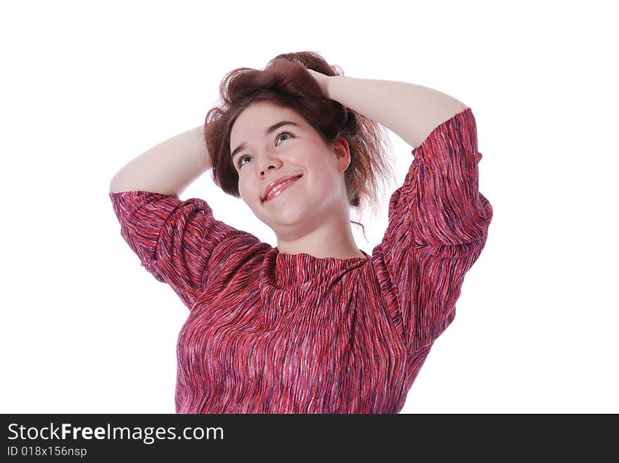 One girl smiling and messing her hair. One girl smiling and messing her hair