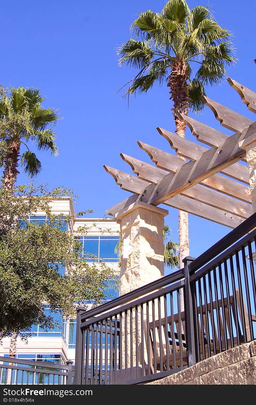 Office building with palm trees and awning.