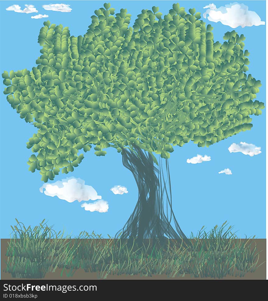 Vector illustration of a forest tree with blue sky as background