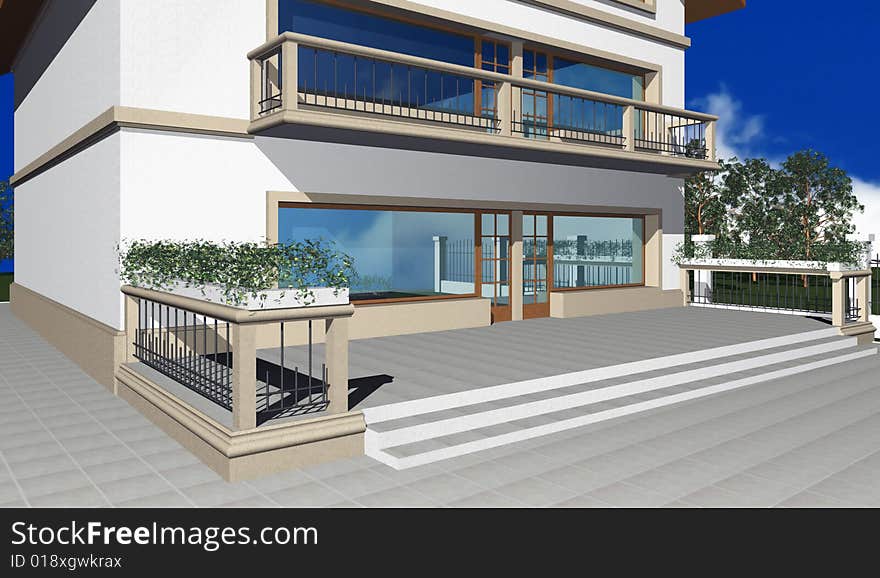 3D render of modern residential house against blue sky