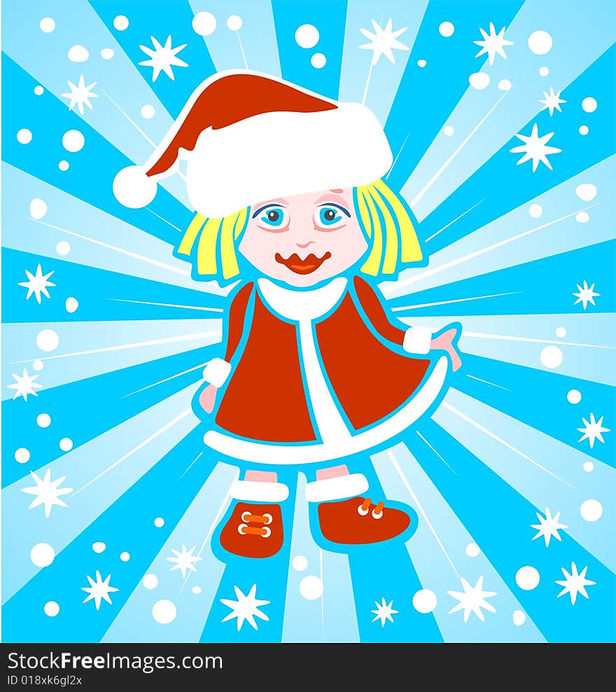 Cartoon  girl in christmas clothes on a  blue striped background. Christmas illustration. Cartoon  girl in christmas clothes on a  blue striped background. Christmas illustration.