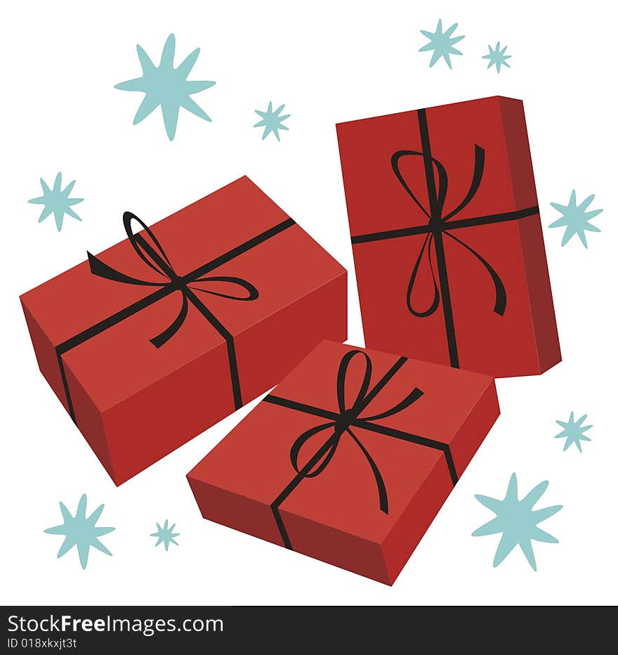 Three red gift boxes and stars on a white background. Christmas illustration.