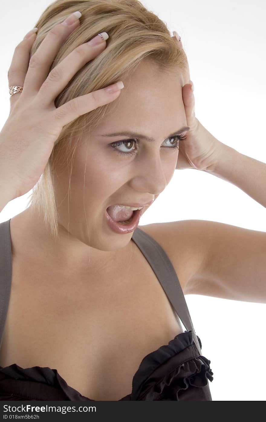 Shouting beautiful woman against white background