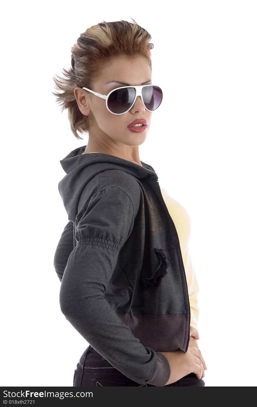 Side view of young female with sunglasses on an isolated background. Side view of young female with sunglasses on an isolated background