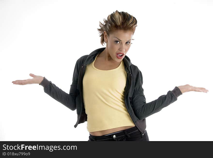 Attractive woman with open palms with white background