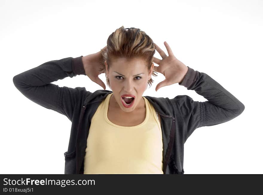 Shouting young woman on an isolated background