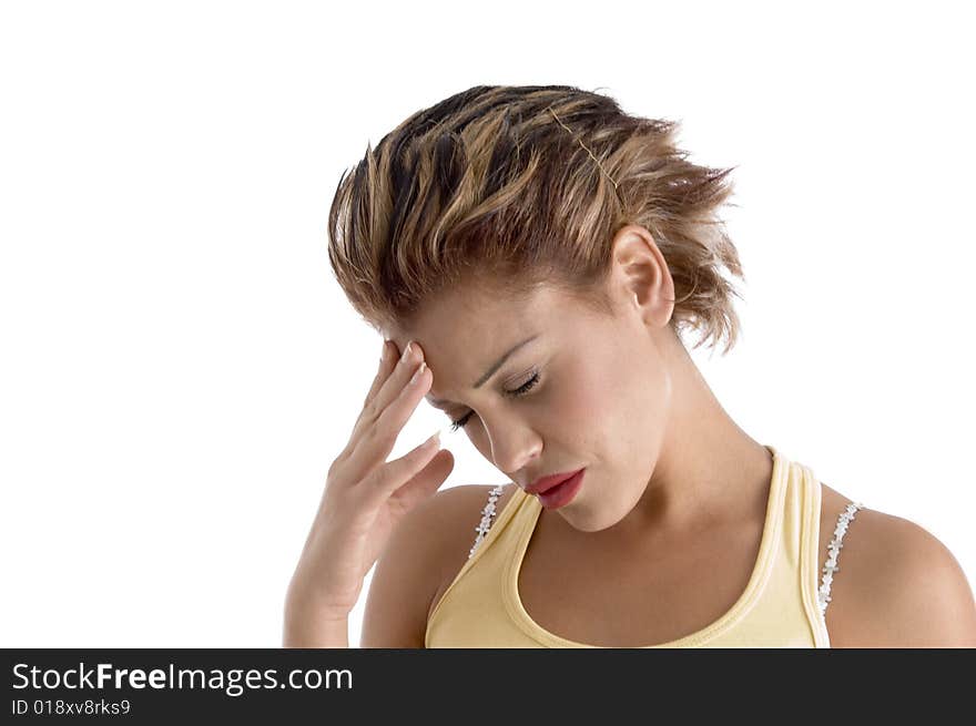 Woman with a headache on an isolated background