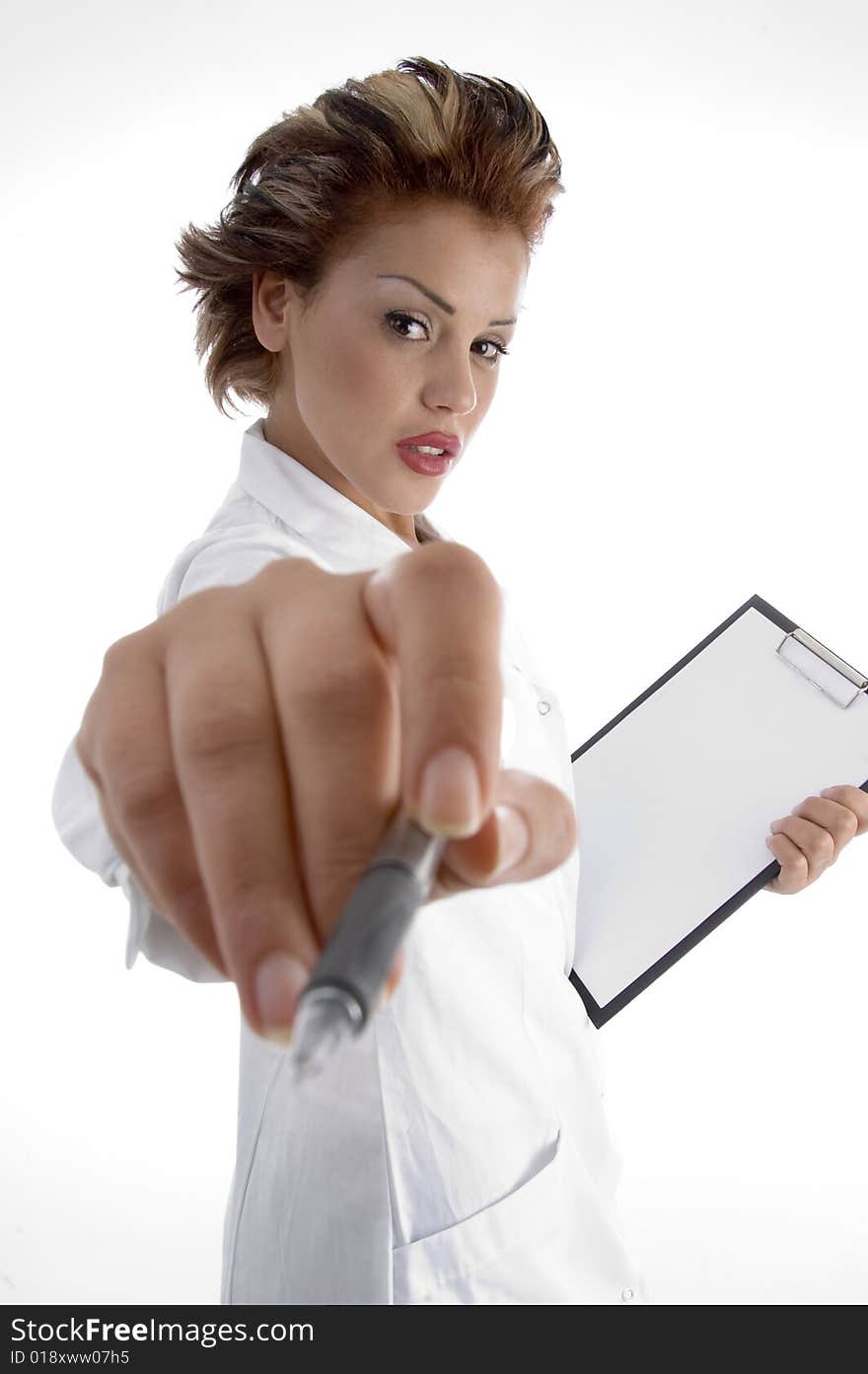 Doctor with writing board on a white background