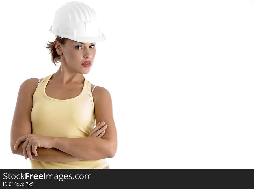 Young woman with architect helmet