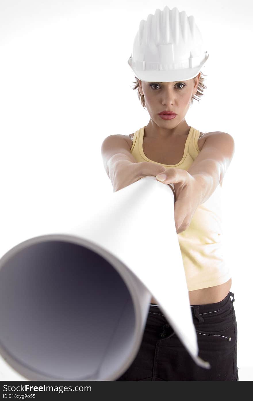 Female with architect helmet and blue prints on an isolated background