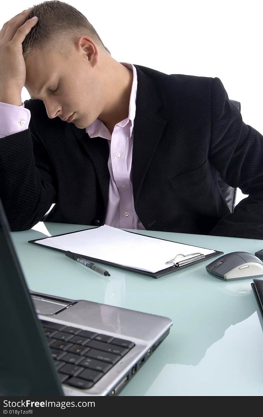 Adult employee in tension with white background