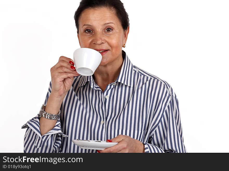 Happy stirring her morning-coffee, isolated on white background. Happy stirring her morning-coffee, isolated on white background