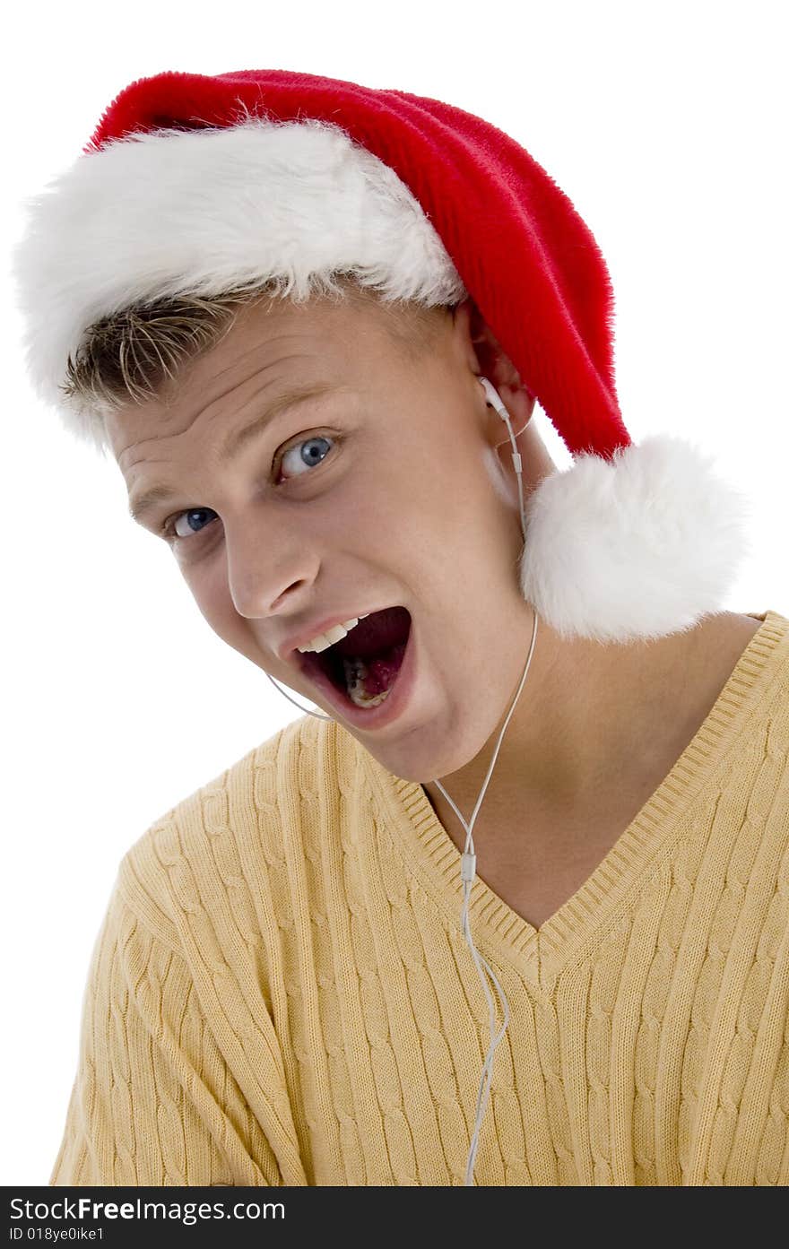 Cool man with christmas hat and canal phone