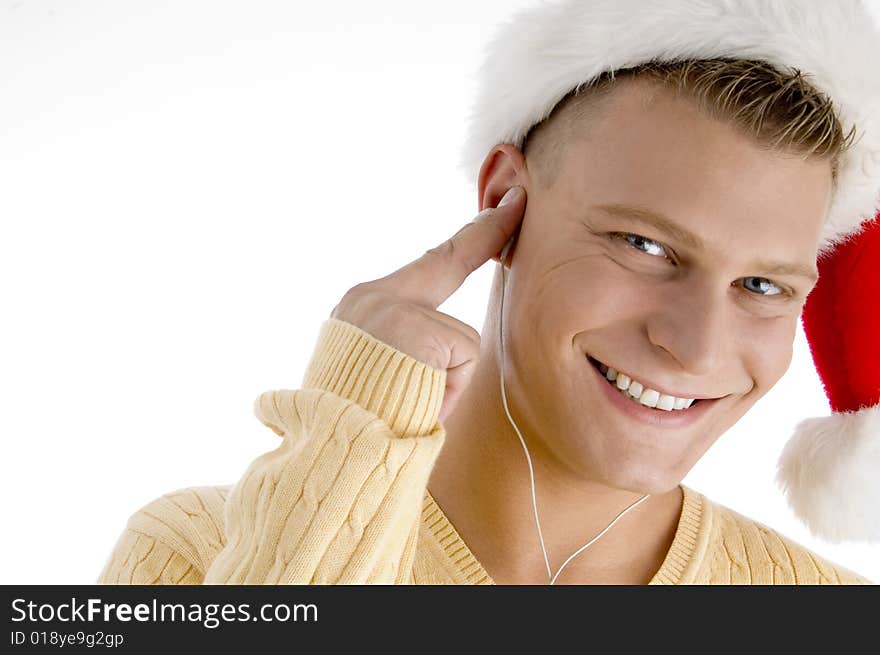 Smiling man with canal phones with white background