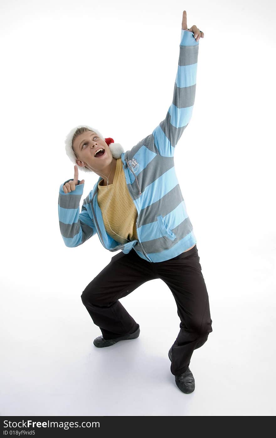 Bending man with christmas hat against white background