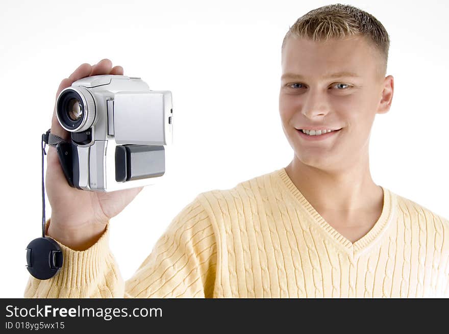 Portrait of blond man with handy cam on an isolated white background. Portrait of blond man with handy cam on an isolated white background