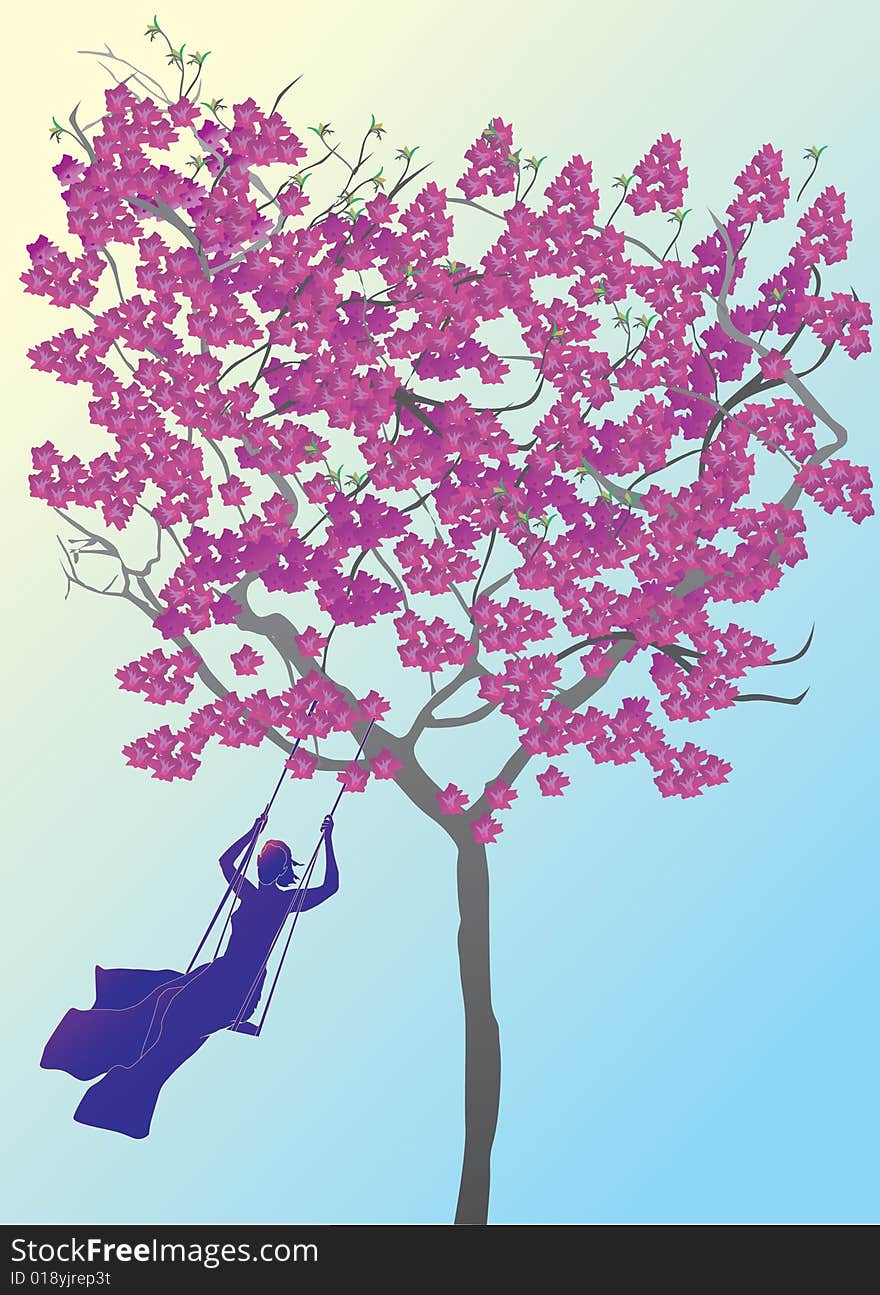 Pink tree and girl on swing