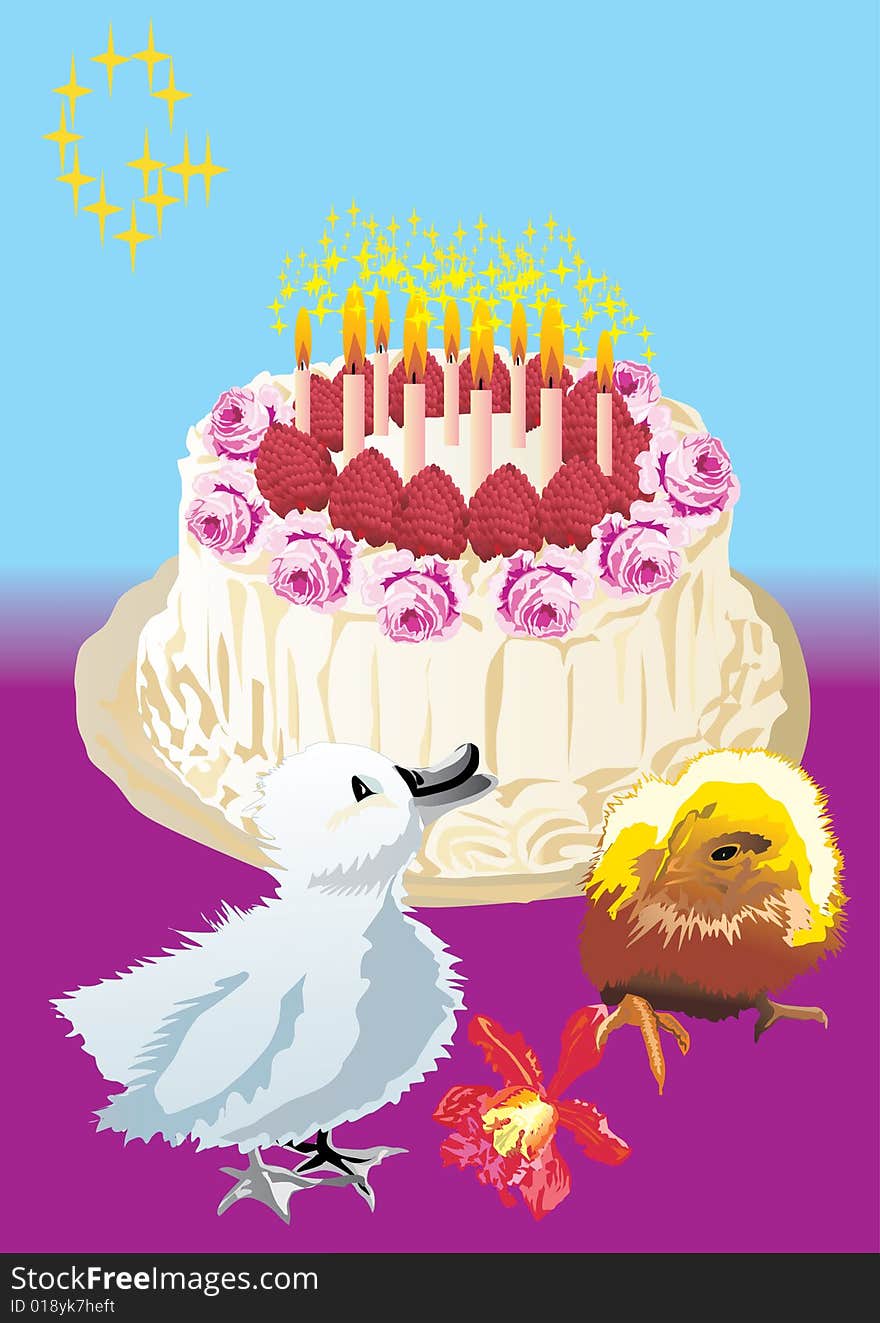 Illustration with cake, candles, chicken and duckling. Illustration with cake, candles, chicken and duckling