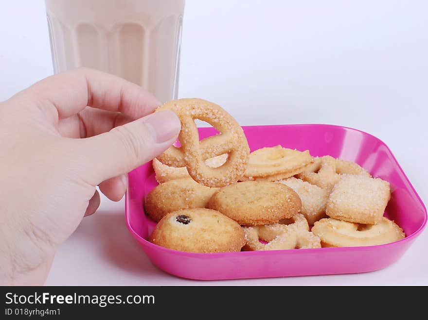 Breakfast:cookie and chocolate drink