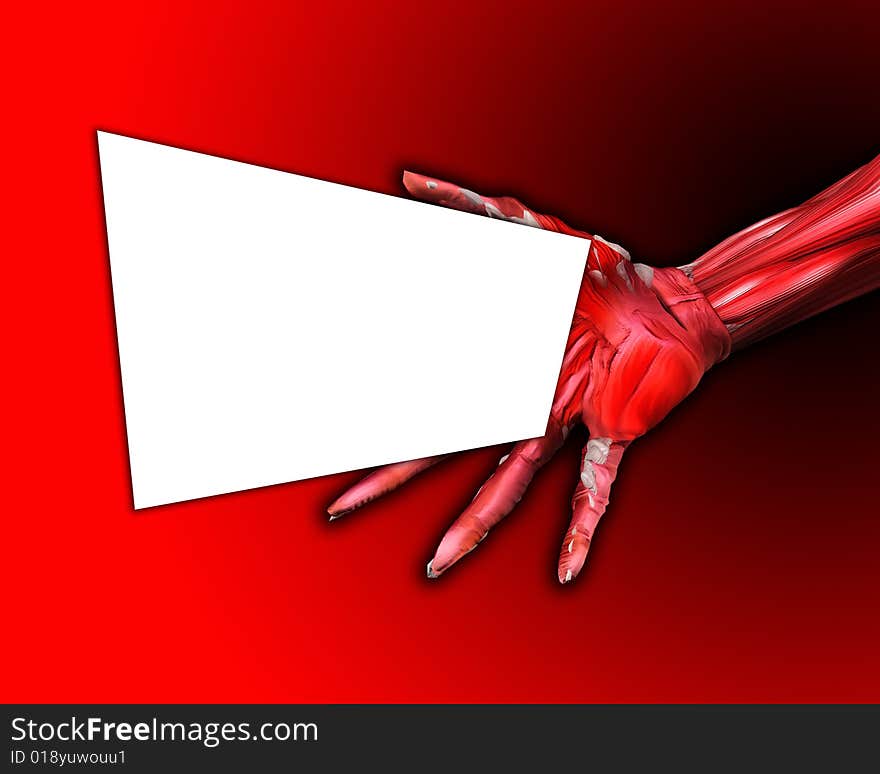 A muscle and bone arm for medical or Halloween concepts. Holding a blank customisable sign. A muscle and bone arm for medical or Halloween concepts. Holding a blank customisable sign.