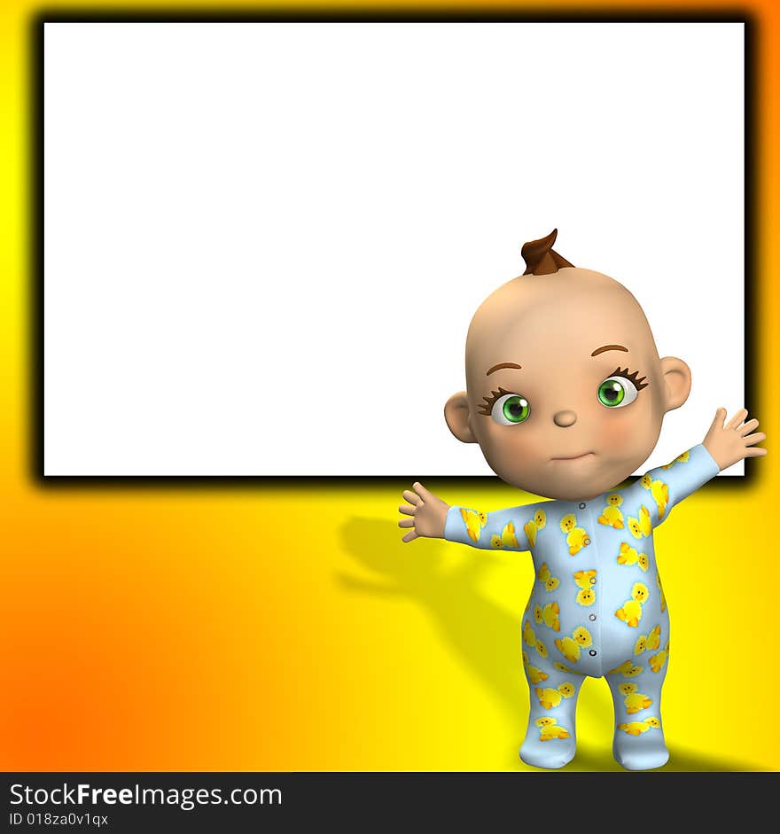 A tiny baby that is waving, standing in front of a blank customisable sign. A tiny baby that is waving, standing in front of a blank customisable sign.