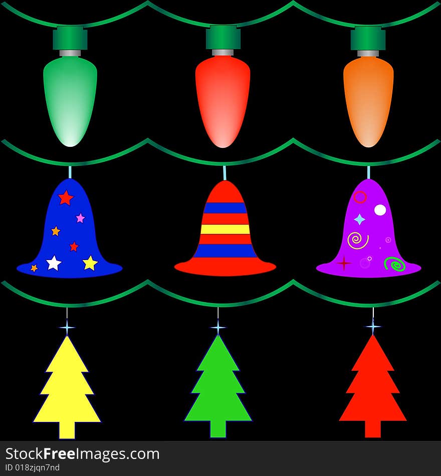 A set of Christmas decorations on a black background