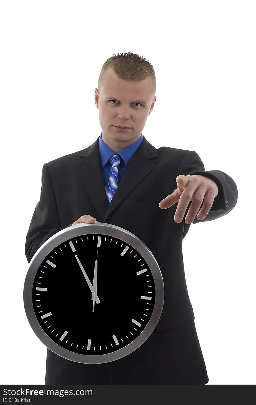 Young dealer in o'clock indicant finger against a white background