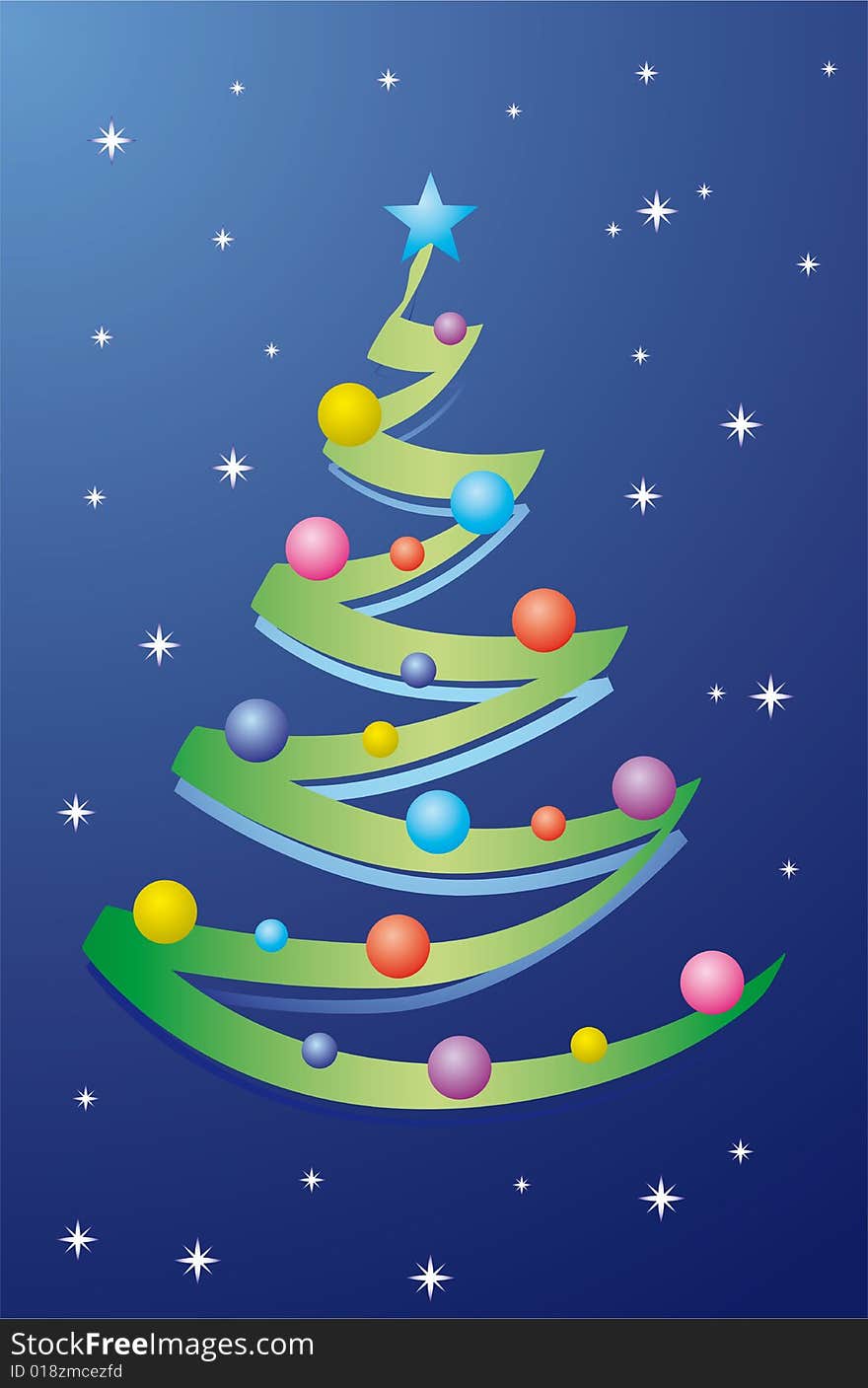 An abstract christmas tree on a blue sky and stars as background, vector