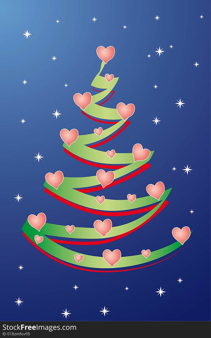 An abstract christmas tree decorated with hearts, on a blue sky and stars as background, vector