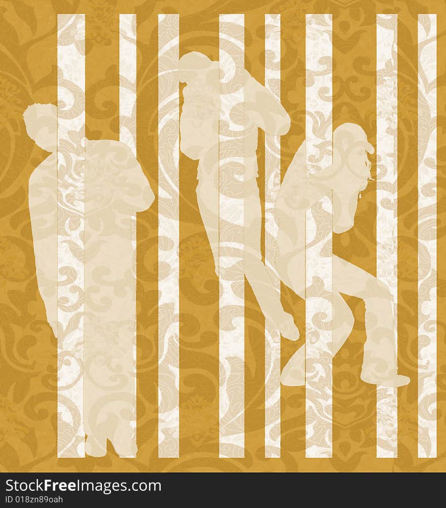 Three silhouettes on yellow background of style the Renaissance