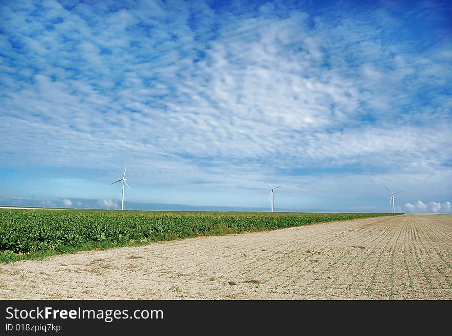 Agricultural field with windmills on the  horizon under scatted clouds