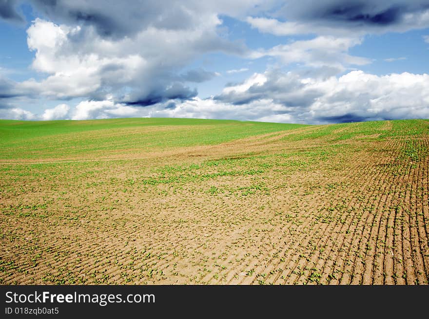 Empty agricultural field under cloudy sky