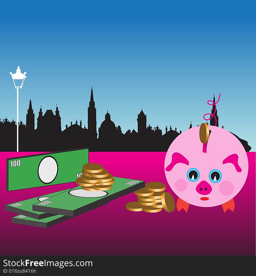 Abstract colorful illustration with pink piggy bank, golden coins, green banknotes and black building shapes in the background. Abstract colorful illustration with pink piggy bank, golden coins, green banknotes and black building shapes in the background